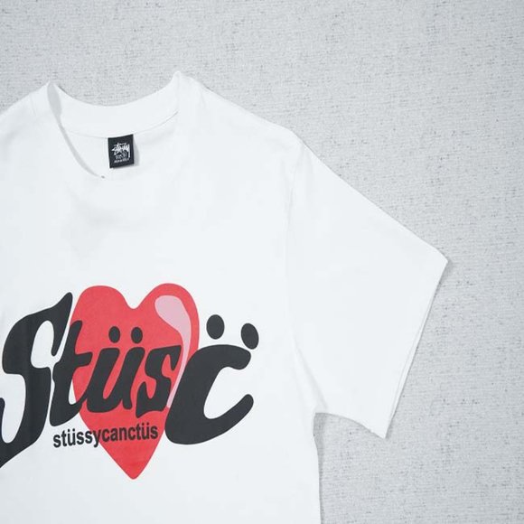 STUSSY Red Big Heart T-Shirt - White Short Sleeve - Picture 10 of 15